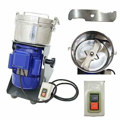 Electric grain grinder with stainless steel blades and control switch.