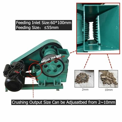 Industrial crushing machine with adjustable gap and output size details.