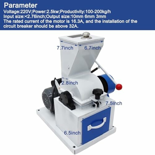 Industrial grain mill with labeled dimensions and specifications.