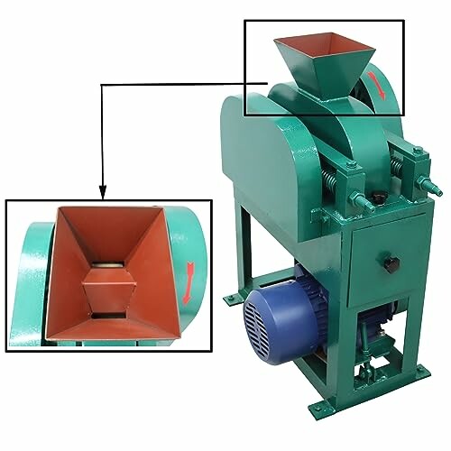 Green industrial grain mill with close-up of hopper