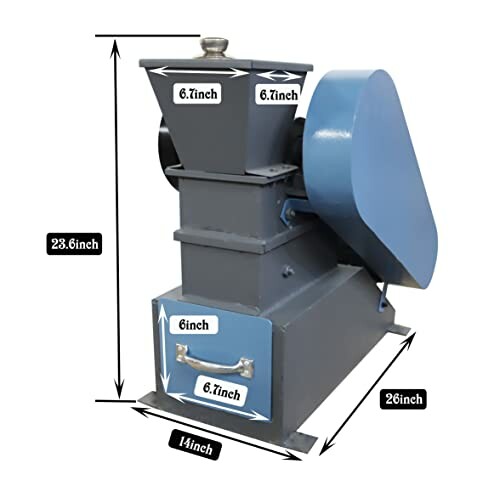 Industrial metal crusher with labeled dimensions.