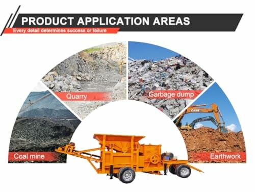 Diagram showing product application areas: quarry, coal mine, garbage dump, earthwork.