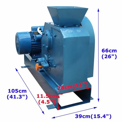 Blue industrial machine with dimensions labeled in centimeters and inches